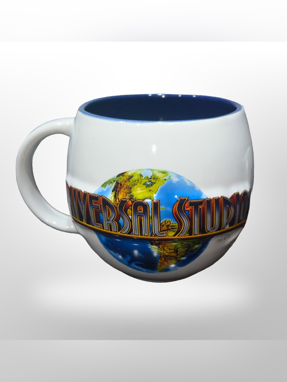 2012 Universal Studios Barrel Shape Cup Mug 3D Globe Logo White Blue Ceramic